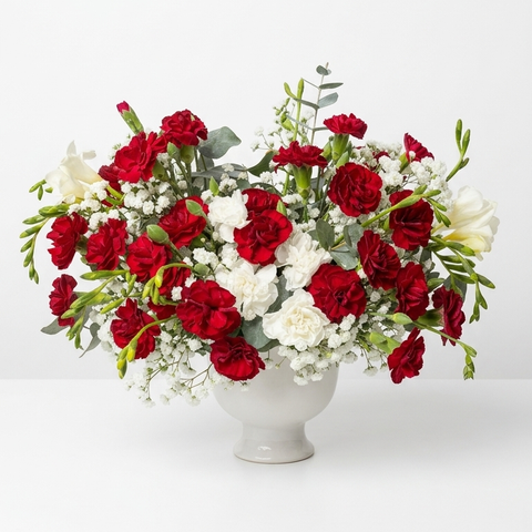 Classic Carnation Vase arrangement with red spray carnations, white carnations, baby's breath, and eucalyptus in a white ceramic pedestal vase - Florent Floral same-day delivery Newmarket ON