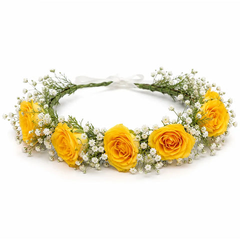 Kids yellow rose flower crown with baby's breath by Florent Floral in Newmarket