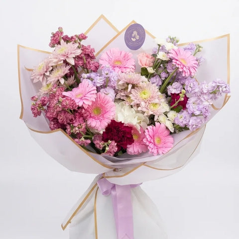 Lavender Blush Bouquet with lavender, blush pink, white, burgundy, and soft green flowers by Florent Floral in Newmarket