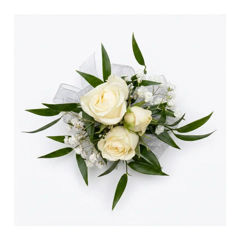 Ivory rose wrist corsage with silver-white ribbon and greenery by Florent Floral Newmarket