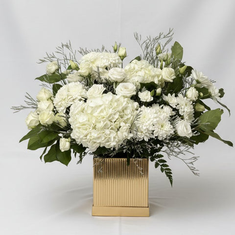 White flower arrangement for sympathy and funeral delivery in Newmarket Ontario
