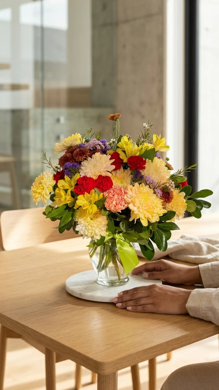 Summer Cheer Vase on a dining table — colourful flower delivery across Newmarket, Aurora, and Richmond Hill ON