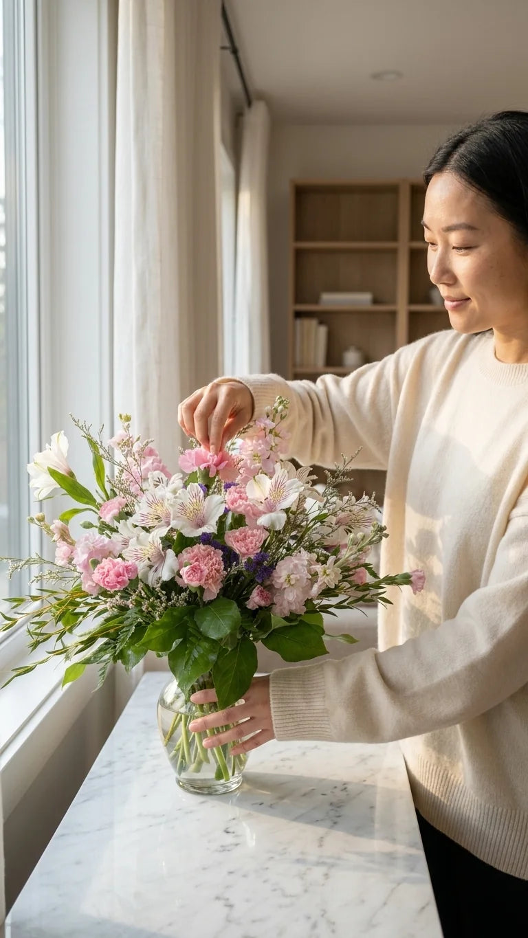 Woman placing pink flower vase on a marble countertop — Florent Floral flower delivery across Newmarket, Aurora, and the GTA