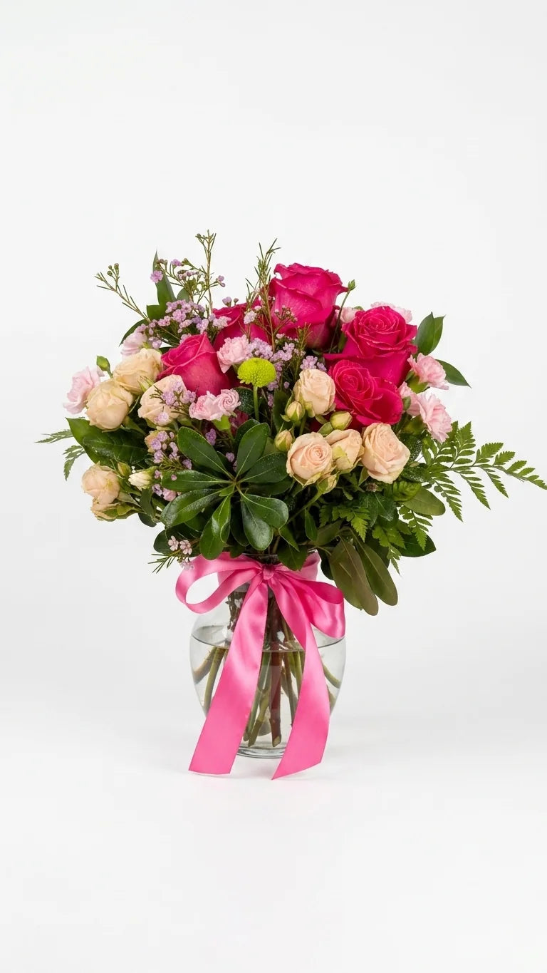 Hot pink garden roses and peach spray roses in a clear glass vase with pink ribbon — Blushing Peony Vase by Florent Floral Newmarket