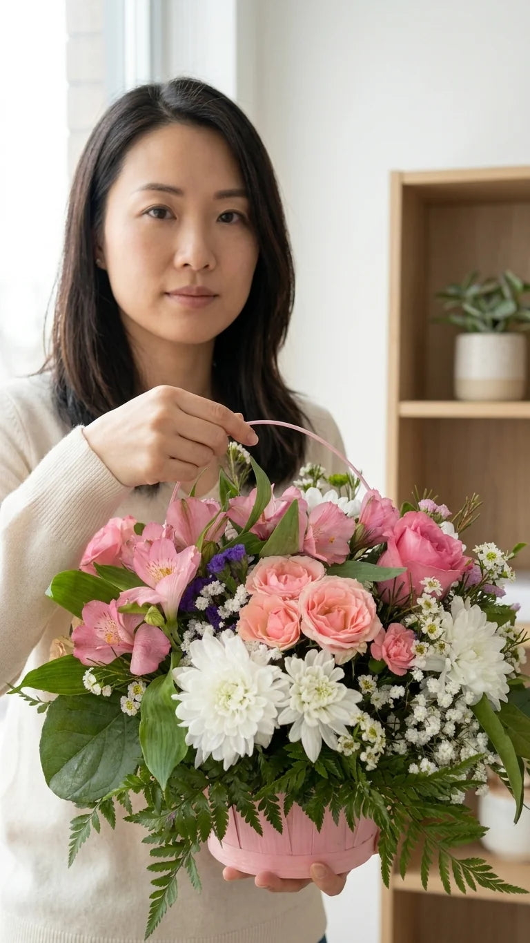 Woman holding pink flower basket arrangement — flower delivery across Newmarket, Aurora, Richmond Hill, and the GTA