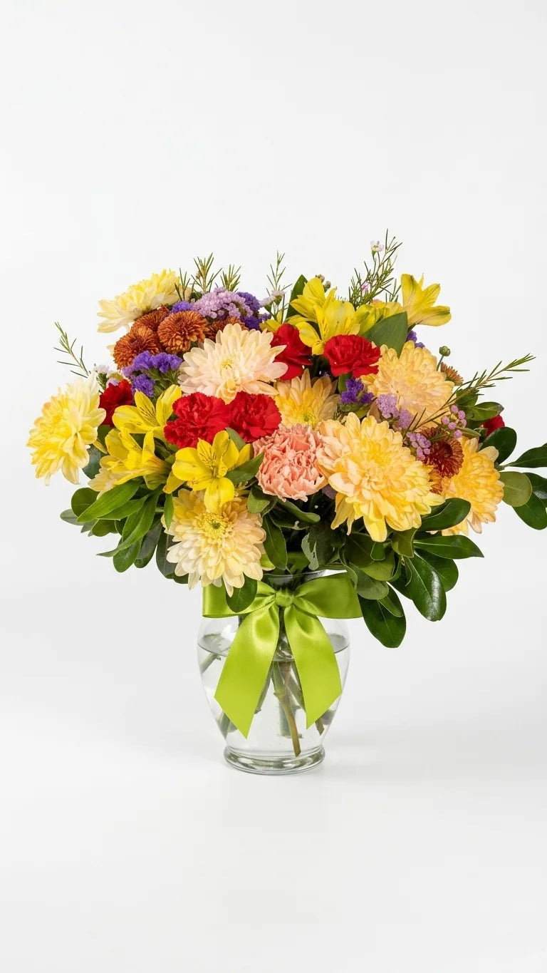Yellow dahlias, red carnations, and purple accent flowers in a clear glass vase with lime ribbon — Summer Cheer Vase by Florent Floral Newmarket