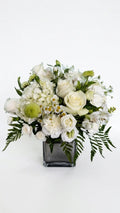 White roses, hydrangea, alstroemeria, and lisianthus in a dark cube vase — White Garden Vase by Florent Floral Newmarket