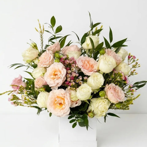 Peach garden roses and white spray roses in a white square vase — Peach Garden Box by Florent Floral Newmarket