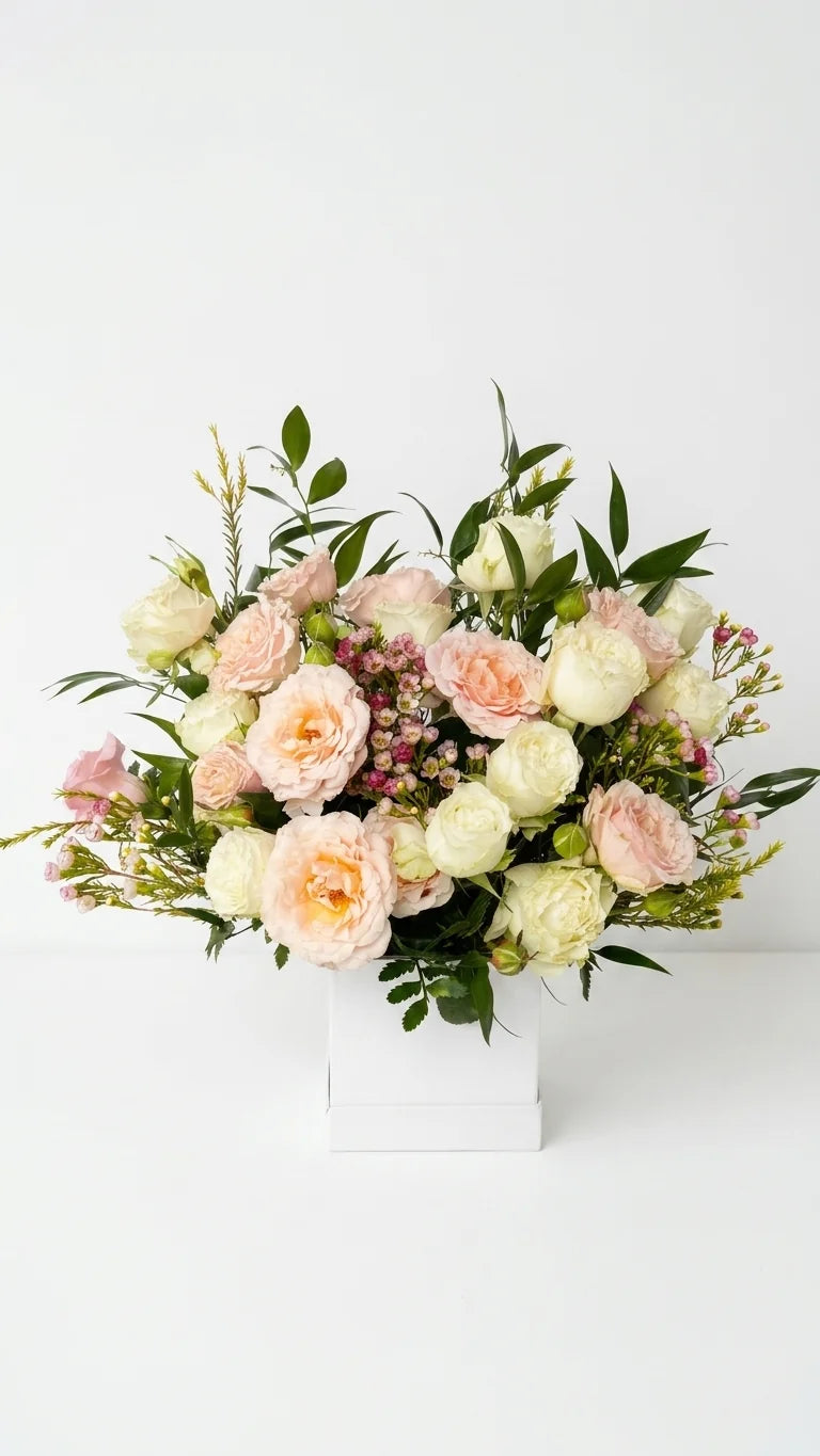 Peach garden roses and white spray roses in a white square vase — Peach Garden Box by Florent Floral Newmarket