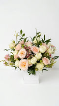Peach garden roses and white spray roses in a white square vase — Peach Garden Box by Florent Floral Newmarket