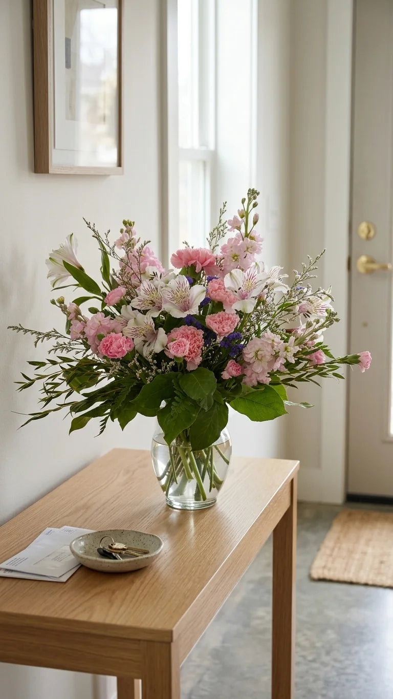 Pink Garden Vase arrangement on a wooden table by a window — same-day flower delivery Newmarket ON