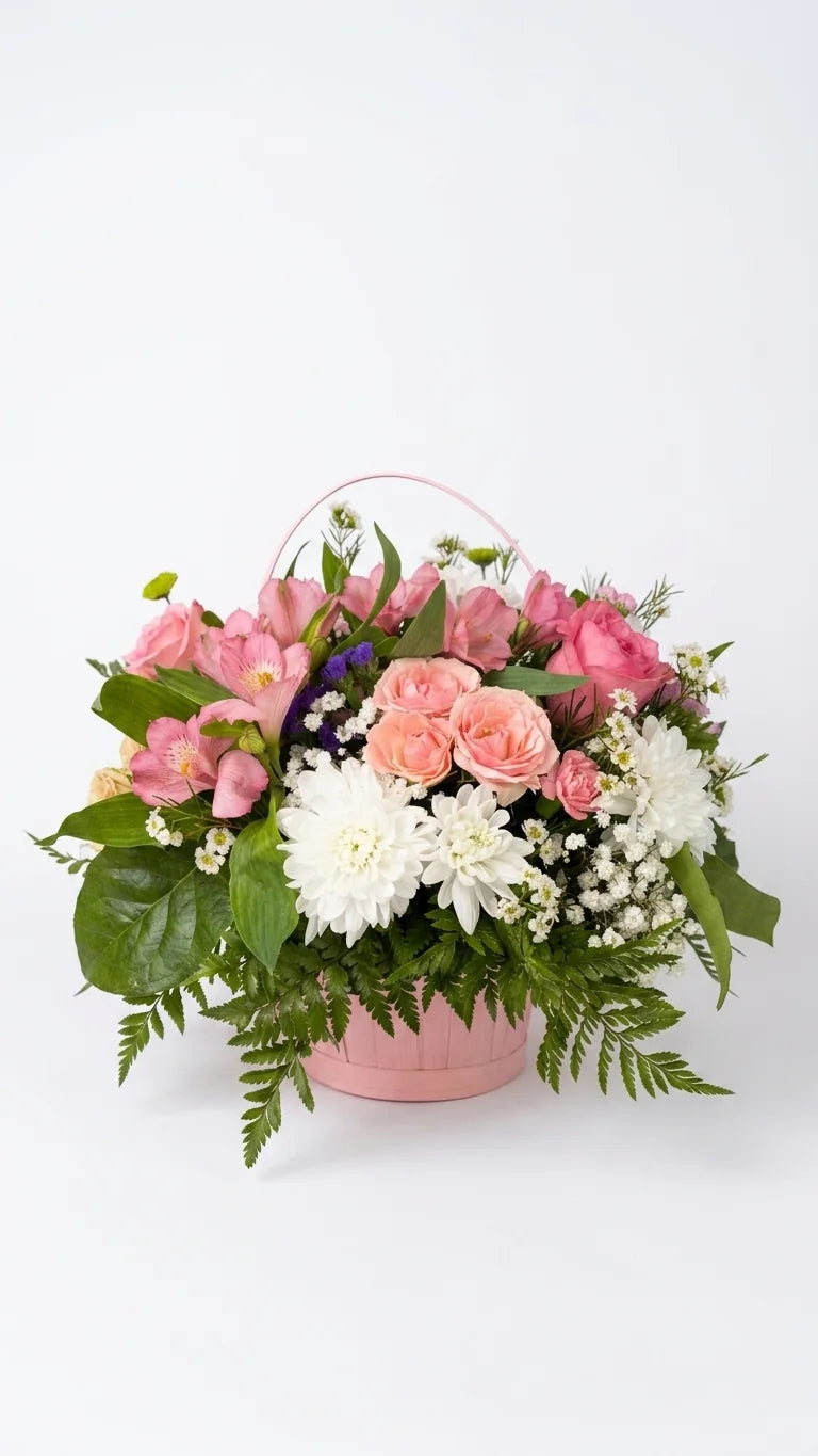 Pink spray roses, chrysanthemums, and alstroemeria in a round pink basket — Spring Bloom Basket by Florent Floral Newmarket
