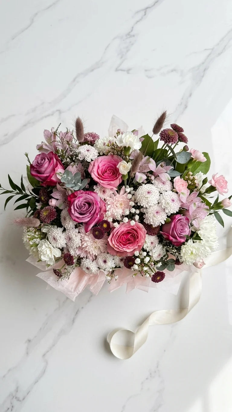 Top-down flat lay of pink velvet hat box on marble — Florent Floral premium flower delivery Newmarket ON