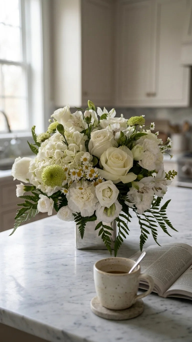 White Garden Vase on a kitchen counter with a mug and book — flower delivery across Newmarket, Aurora, and the GTA