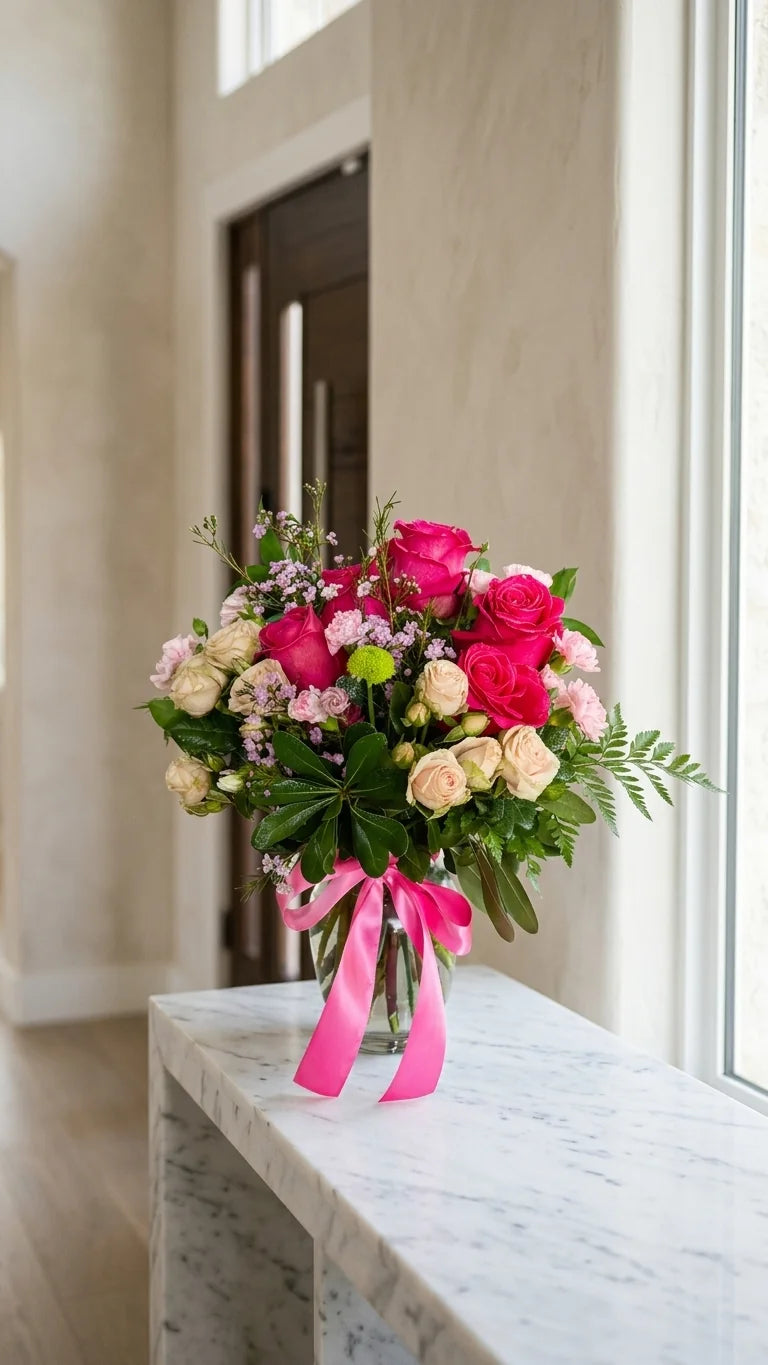 Blushing Peony Vase on a marble surface by a window — same-day flower delivery across Newmarket and Aurora ON