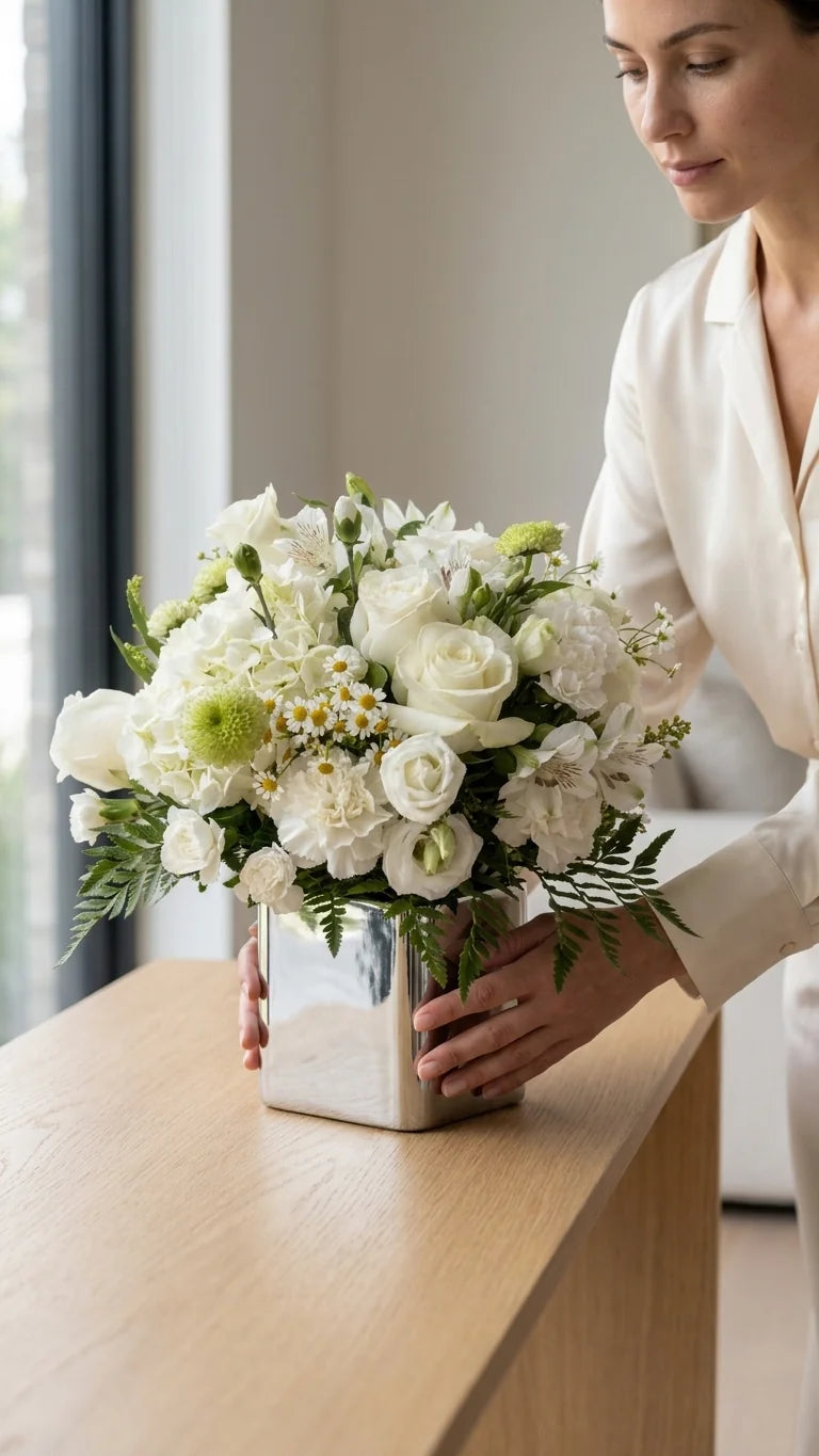 Woman placing white garden vase on a dresser — elegant same-day flower delivery in Newmarket and Richmond Hill ON