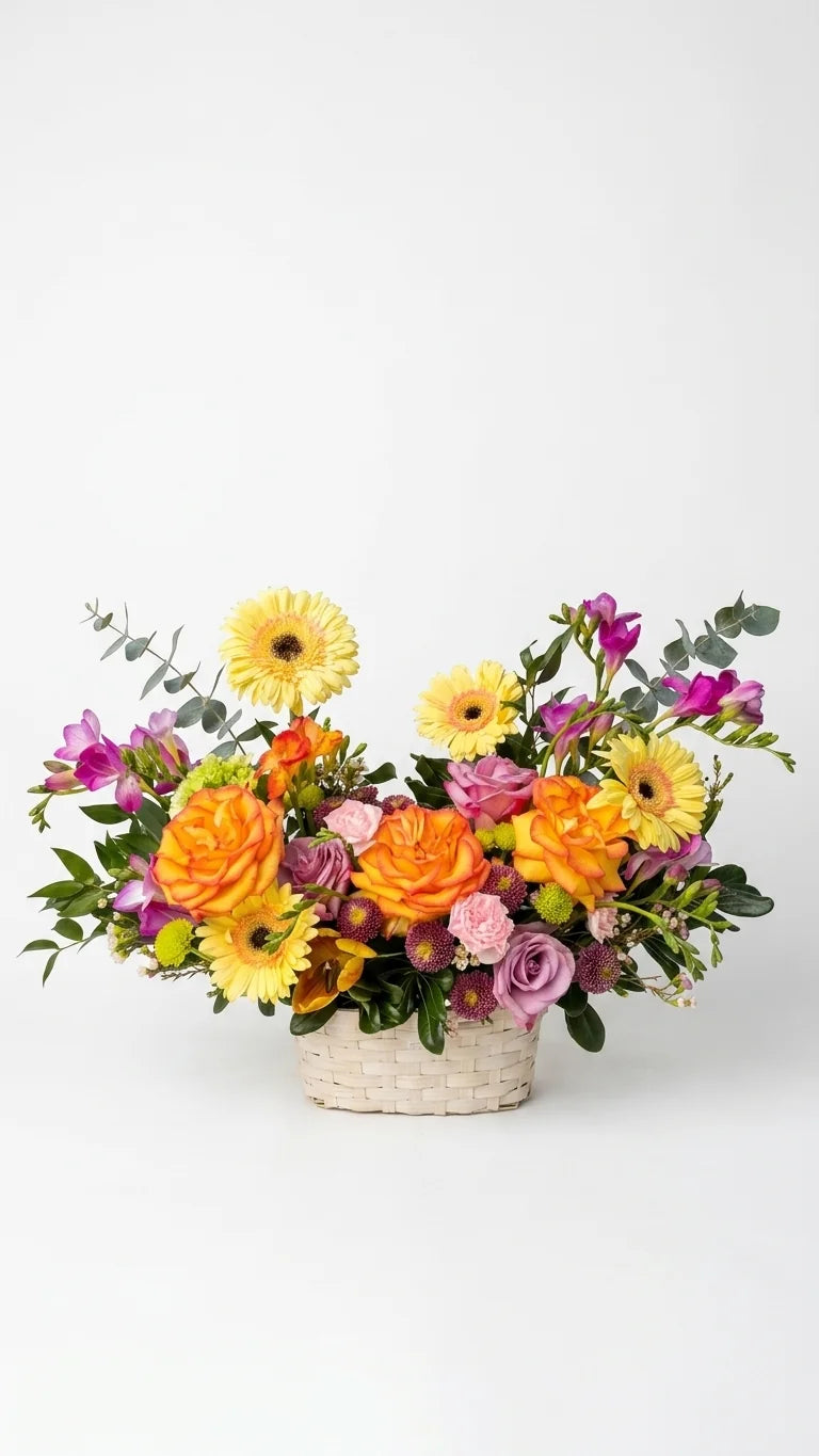 Orange roses, yellow gerbera daisies, and purple alstroemeria in a white wicker basket — Sunrise Garden Basket by Florent Floral Newmarket