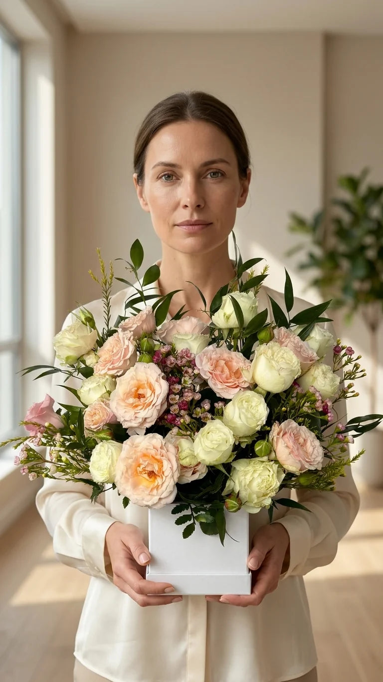 Woman holding the Peach Garden Box arrangement — fresh flower delivery in Newmarket, Richmond Hill, and Vaughan