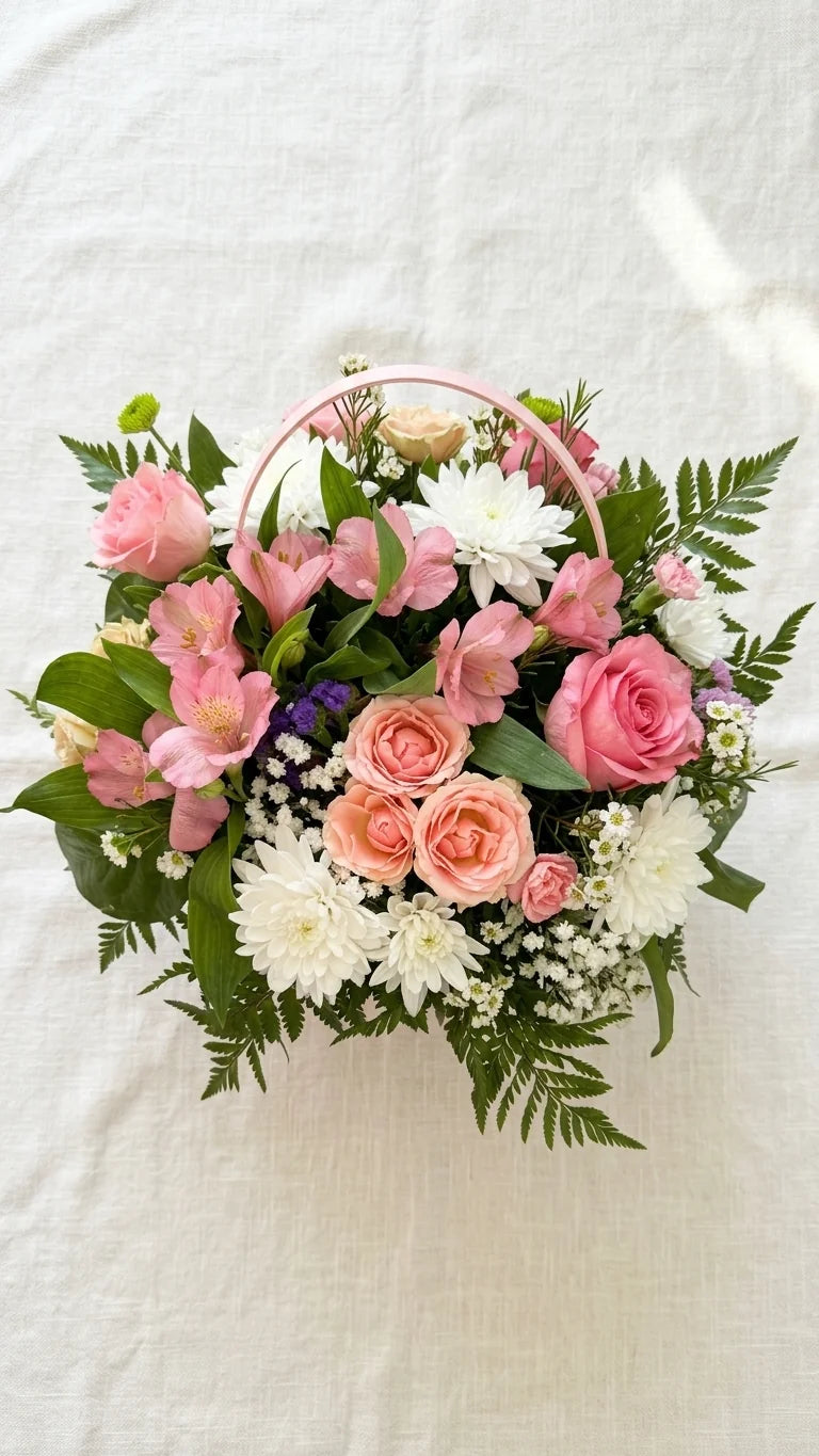 Top-down view of Spring Bloom Basket with pink and white flowers — Florent Floral same-day delivery Newmarket ON