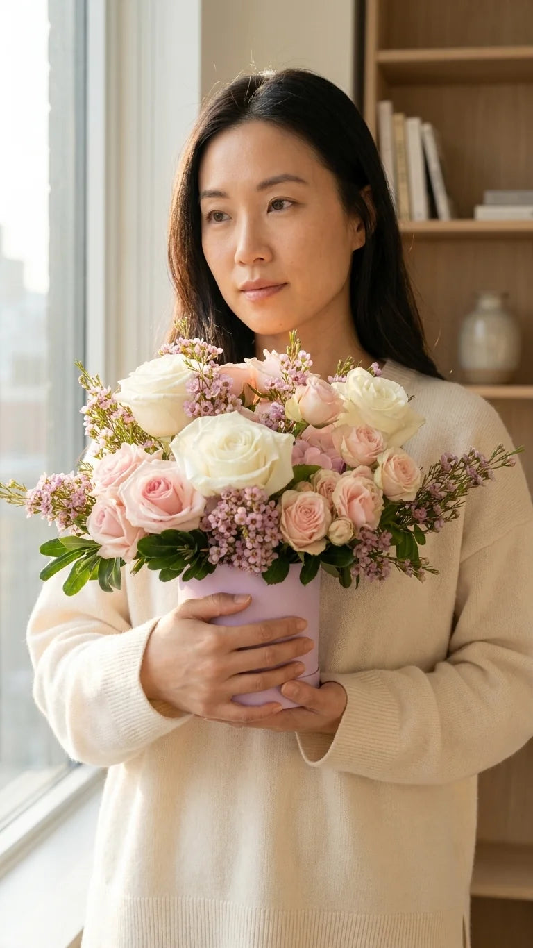 Woman holding rose and lilac hat box — Florent Floral flower delivery across Newmarket, Aurora, and Richmond Hill