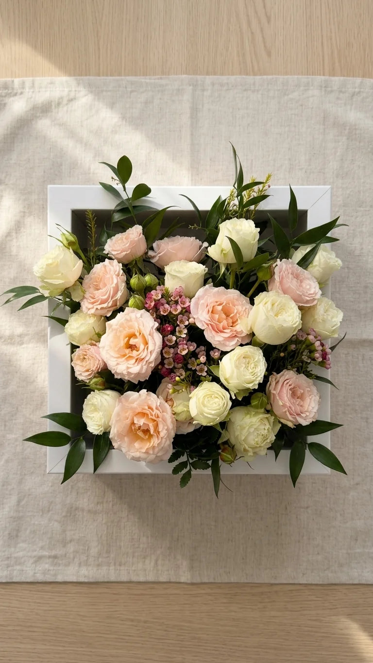 Top-down view of peach roses and waxflower in a white square vase — Florent Floral