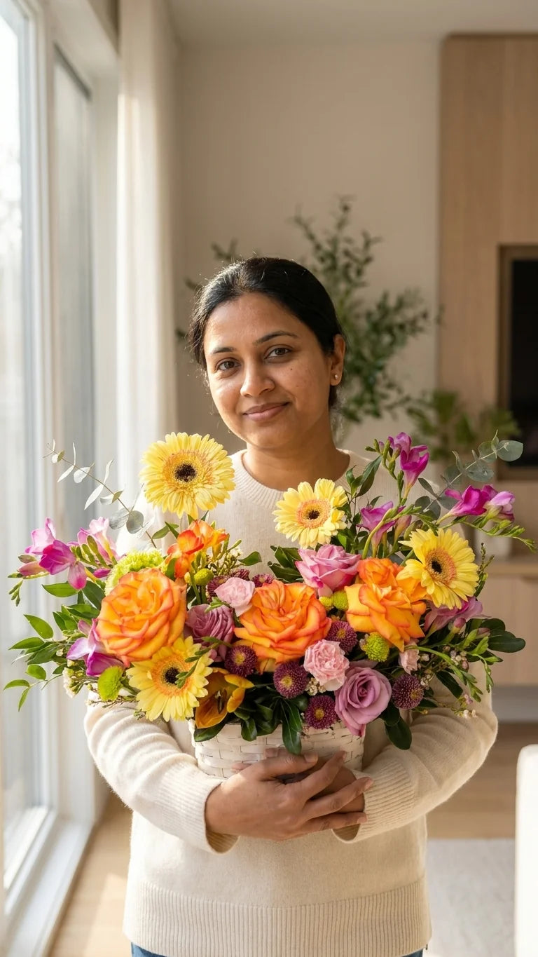 Woman holding orange and yellow flower basket — Florent Floral flower delivery Newmarket, Richmond Hill, and Vaughan ON