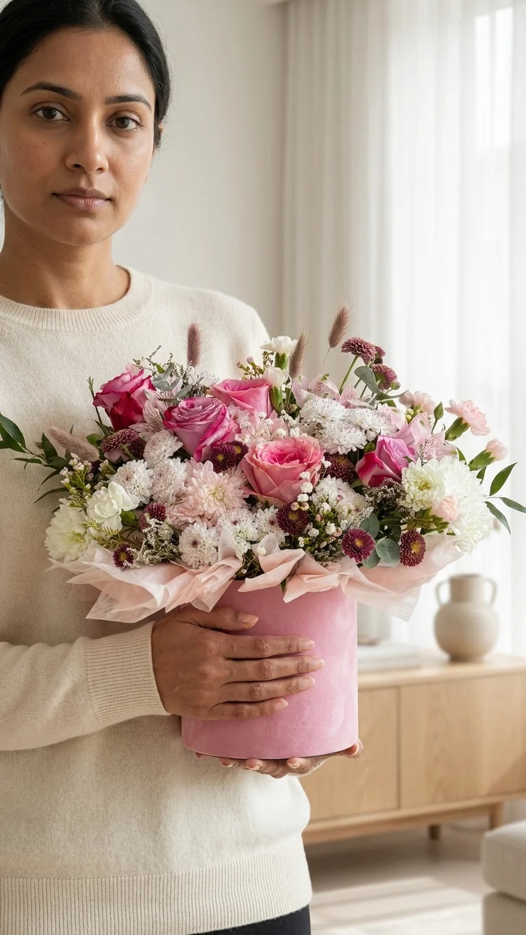 Woman holding pink velvet bloom box — same-day flower delivery across Newmarket, Aurora, and Vaughan