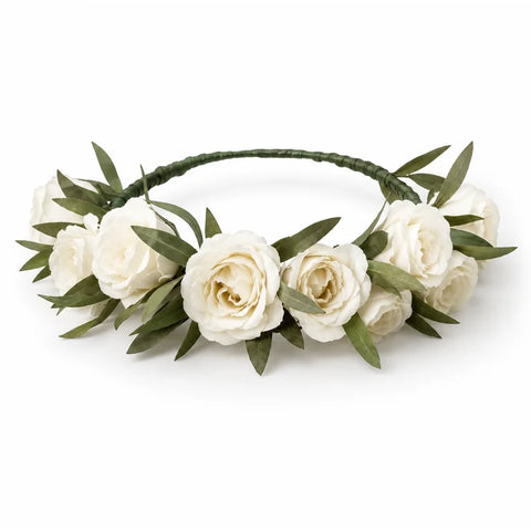 Adult white rose flower crown with greenery by Florent Floral in Newmarket