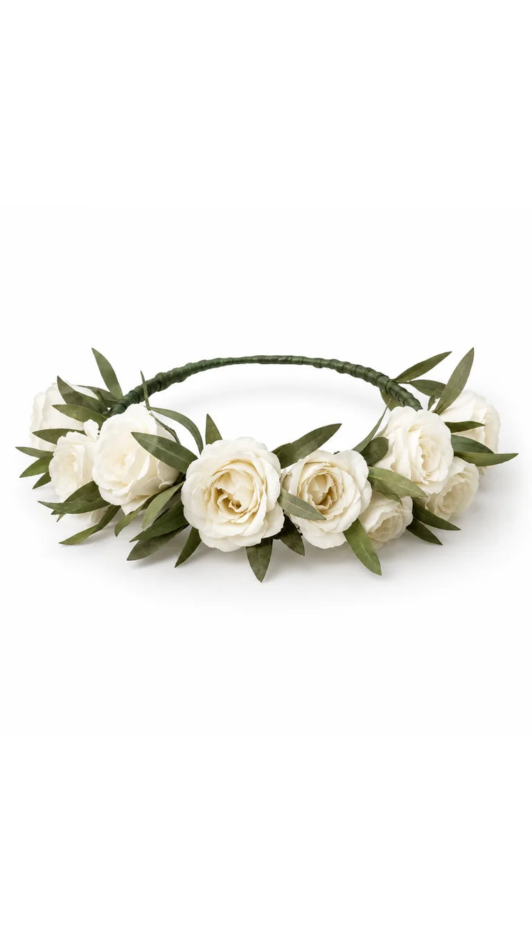 Adult white rose flower crown with greenery by Florent Floral in Newmarket