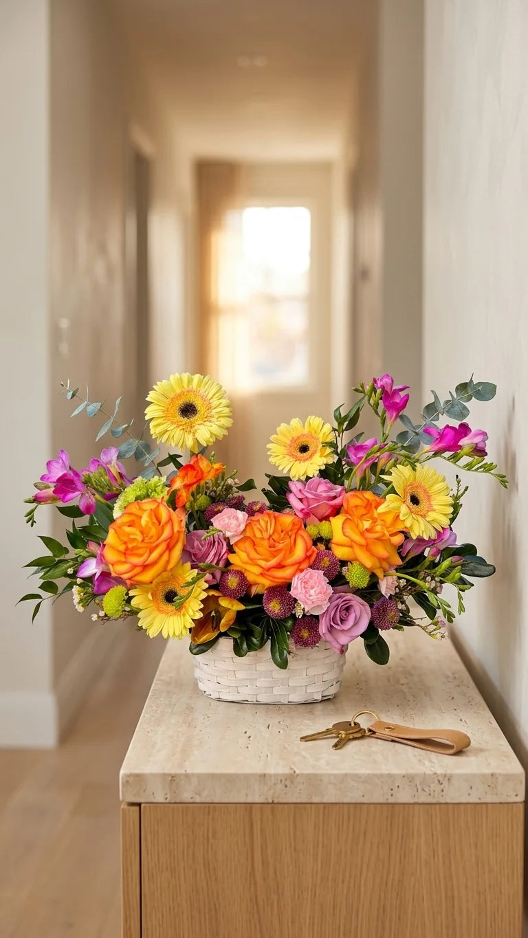Sunrise Garden Basket on an entryway table — colourful same-day flower delivery across Newmarket and Aurora ON