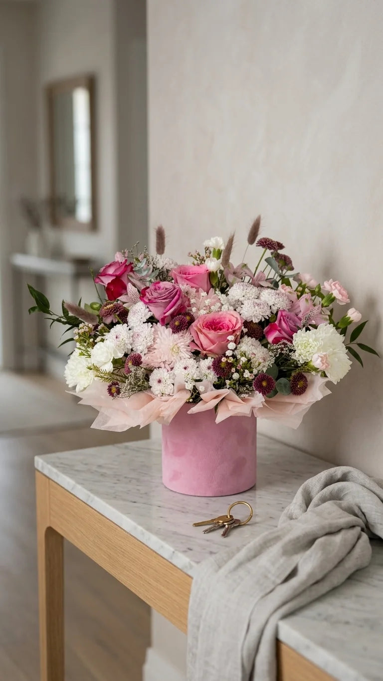 Pink Velvet Bloom Box on a marble side table at home — Florent Floral flower delivery Newmarket and Richmond Hill ON