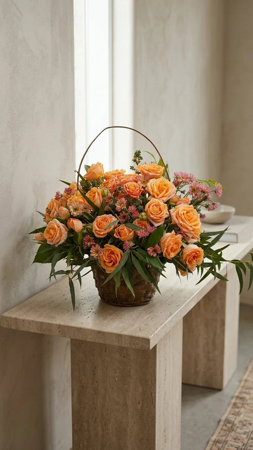 Apricot Rose Basket on a side table for same-day flower delivery in Newmarket and Aurora