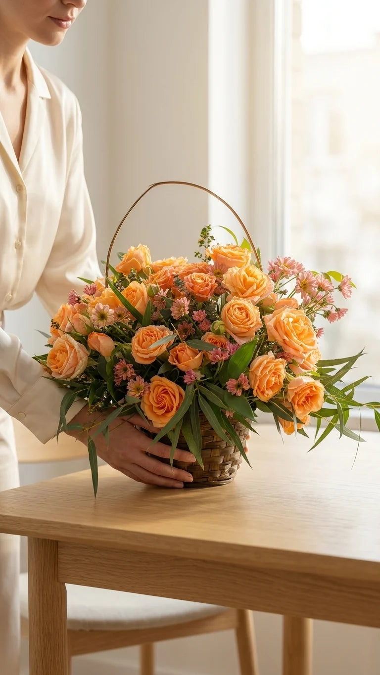 Florent Floral apricot rose basket being placed by hand, ready for local delivery across York Region