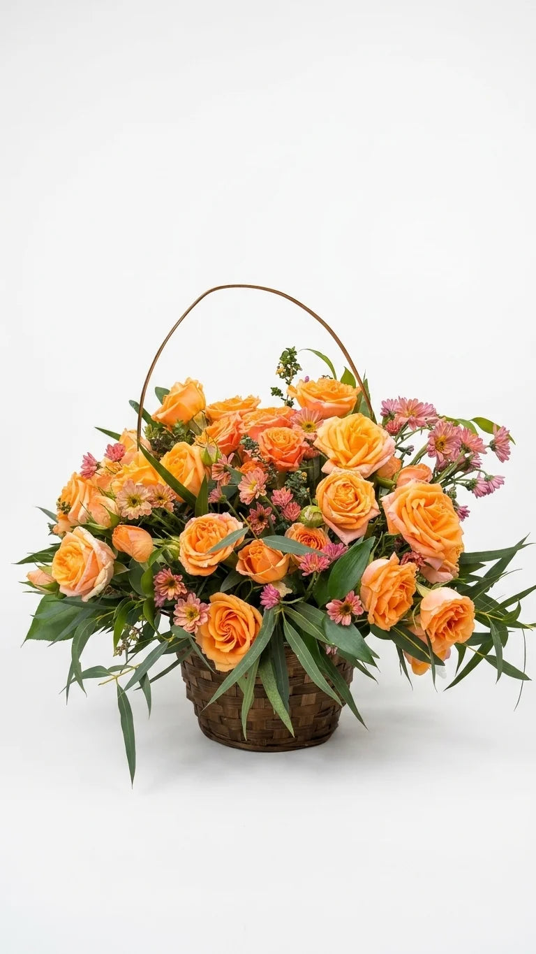 Apricot and orange rose basket arrangement by Florent Floral in Newmarket