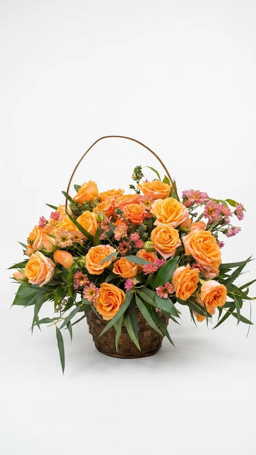 Apricot and orange rose basket arrangement by Florent Floral in Newmarket