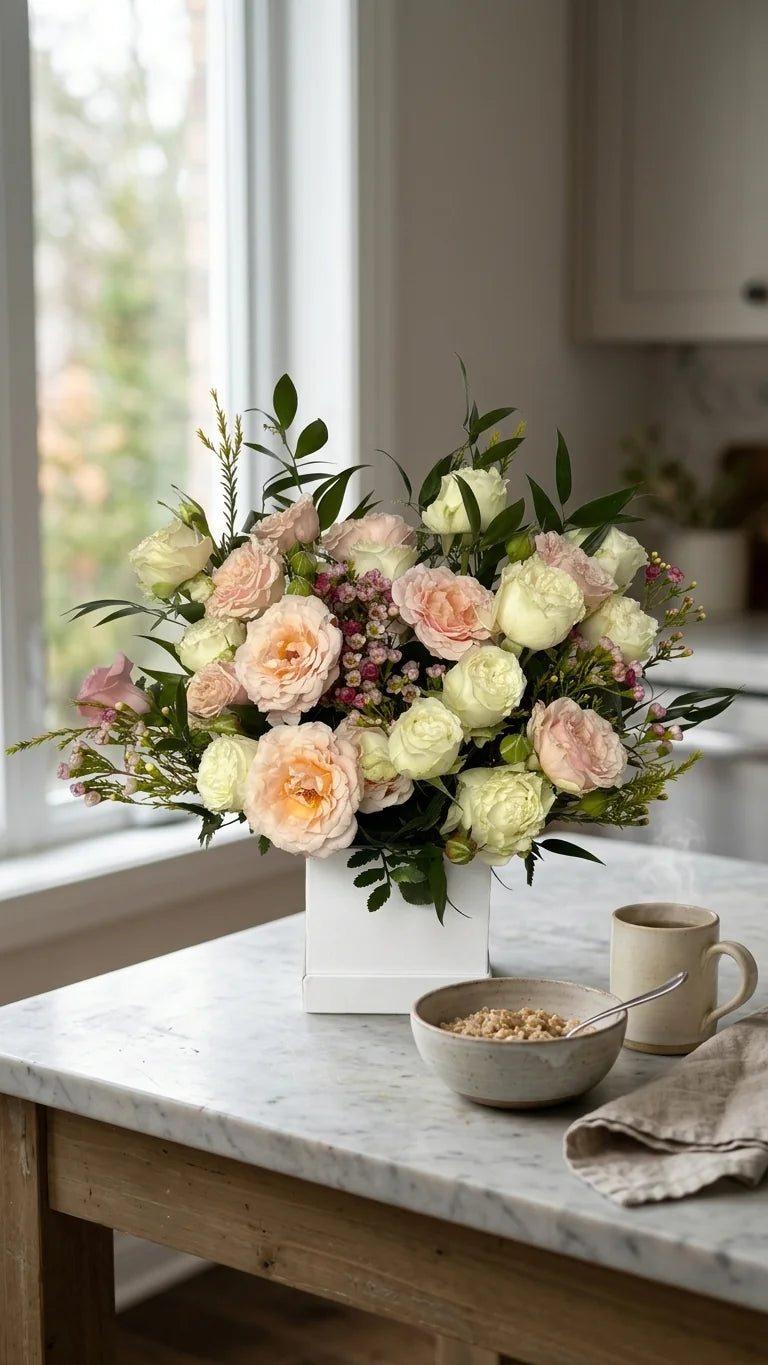 Peach Garden Box flower arrangement on a kitchen counter — same-day delivery across Newmarket and Aurora ON