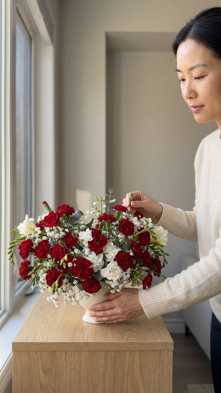 Woman admiring a full red and white carnation arrangement in a white ceramic vase by a window - Mother's Day flowers by Florent Floral, delivered same-day in Aurora and Newmarket