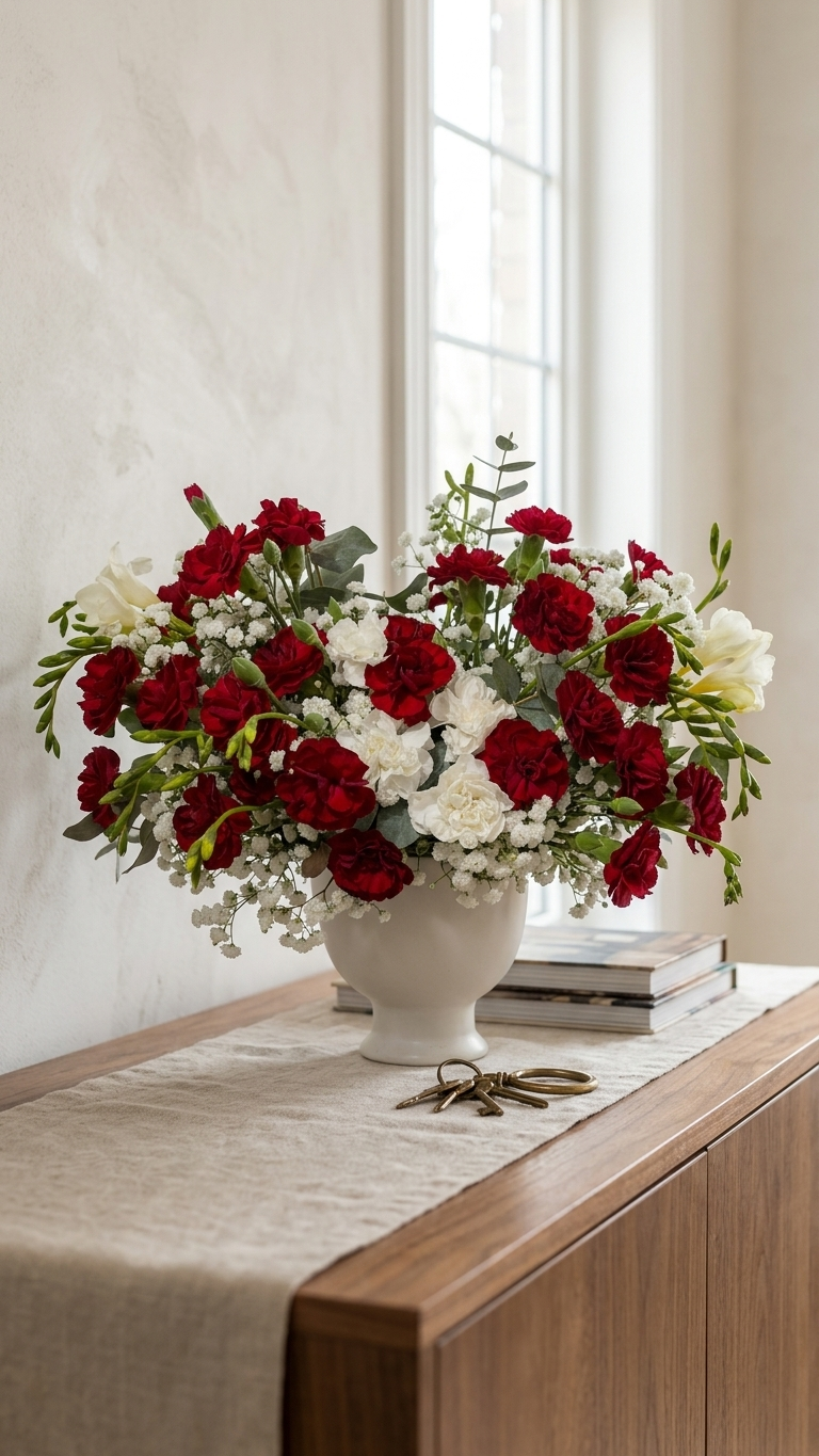 Classic Carnation Vase on a wood console table in a warm home setting - traditional Mother's Day floral arrangement from Florent Floral, Newmarket ON