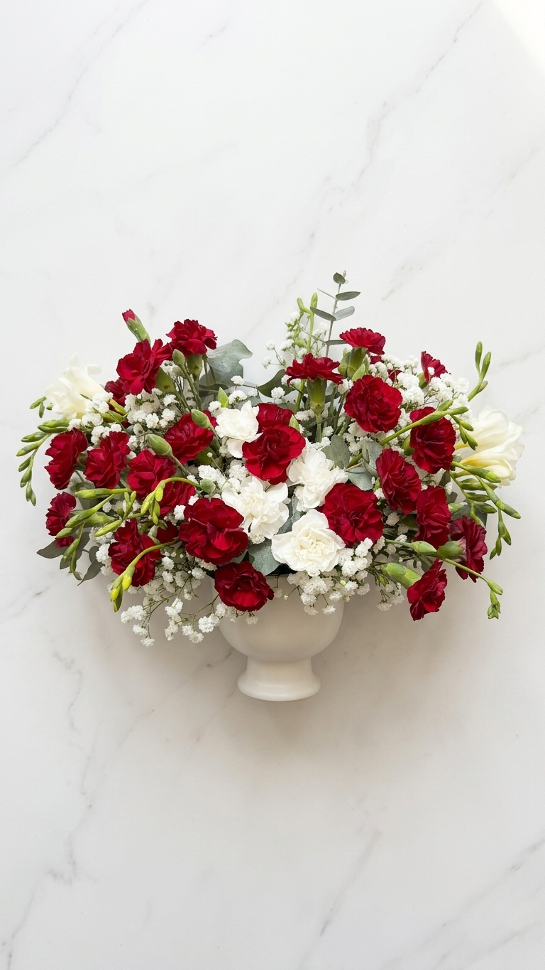 Close-up detail of dome-shaped carnation vase arrangement with red spray carnations, white freesia, baby's breath, and eucalyptus - Florent Floral same-day flower delivery GTA