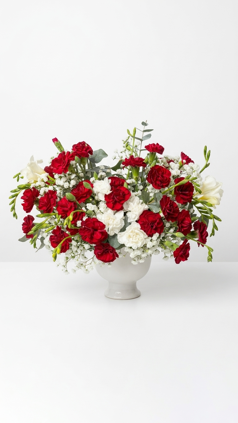 Classic Carnation Vase arrangement with red spray carnations, white carnations, baby's breath, and eucalyptus in a white ceramic pedestal vase - Florent Floral same-day delivery Newmarket ON