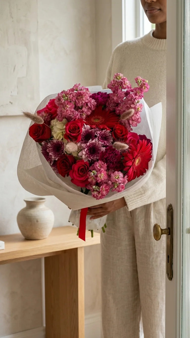 Detail view of crimson bloom bouquet with red roses, hot pink gerbera-style blooms, pink stock or filler flowers, white accents, and greenery