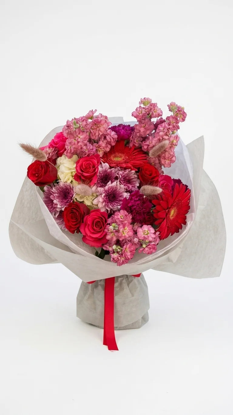 Crimson Bloom Bouquet with deep red, magenta, pink, and white flowers by Florent Floral in Newmarket