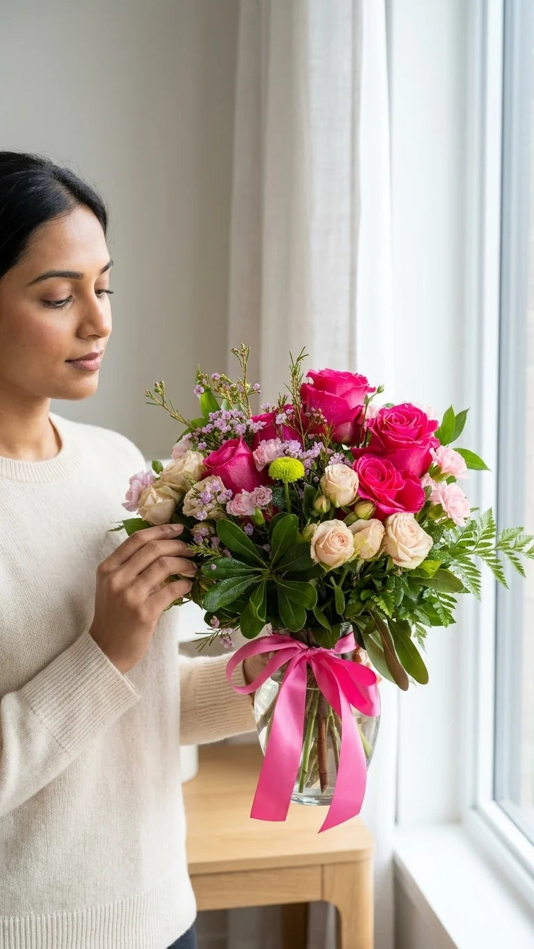 Woman holding hot pink and peach rose vase — Florent Floral same-day delivery Newmarket, Richmond Hill, and Vaughan