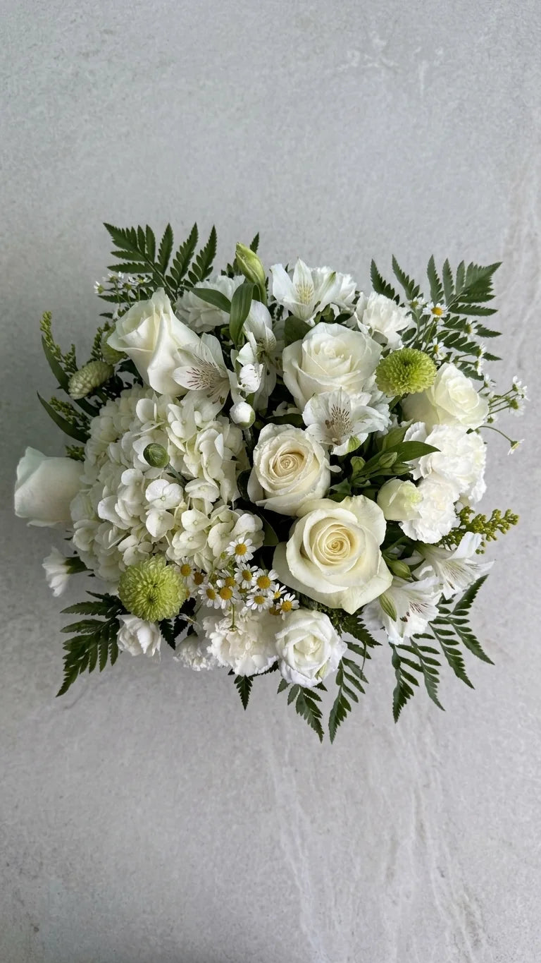 Top-down view of all-white flower arrangement in dark slate vase — Florent Floral same-day delivery Newmarket ON