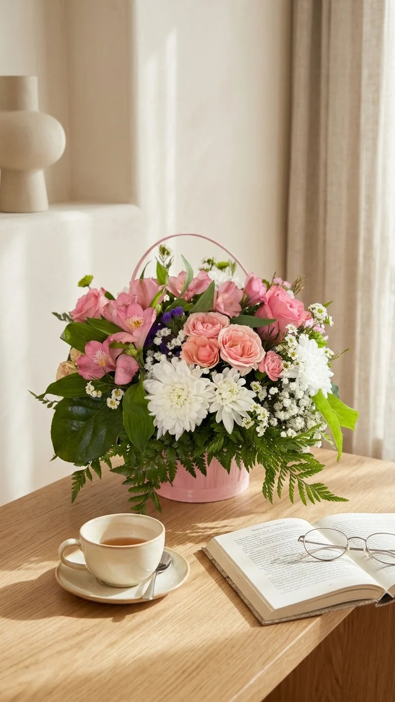 Pink basket arrangement with roses and baby's breath on a home table — Florent Floral celebration flowers Newmarket