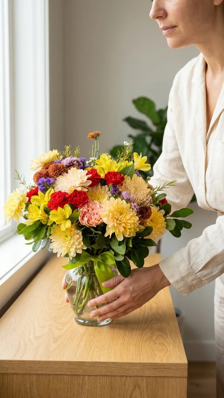 Woman arranging yellow and red flower vase by a window — Florent Floral same-day delivery Newmarket ON