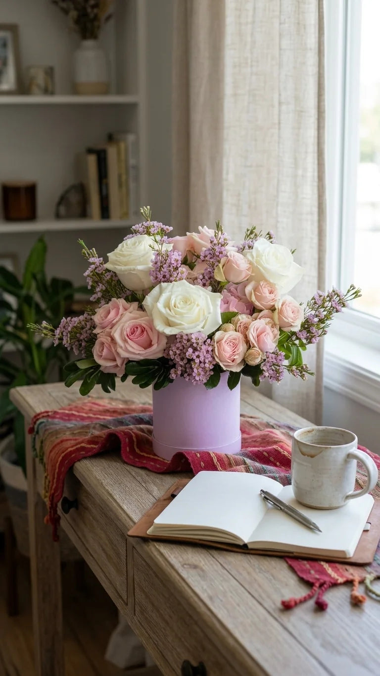 Rose and lilac hat box arrangement on a wooden table — same-day flower delivery Newmarket ON