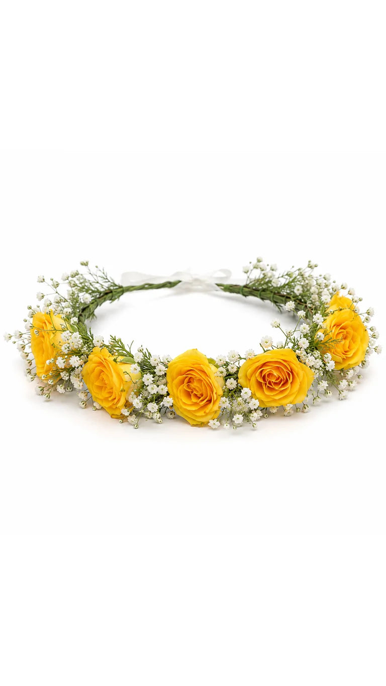 Kids yellow rose flower crown with baby's breath by Florent Floral in Newmarket