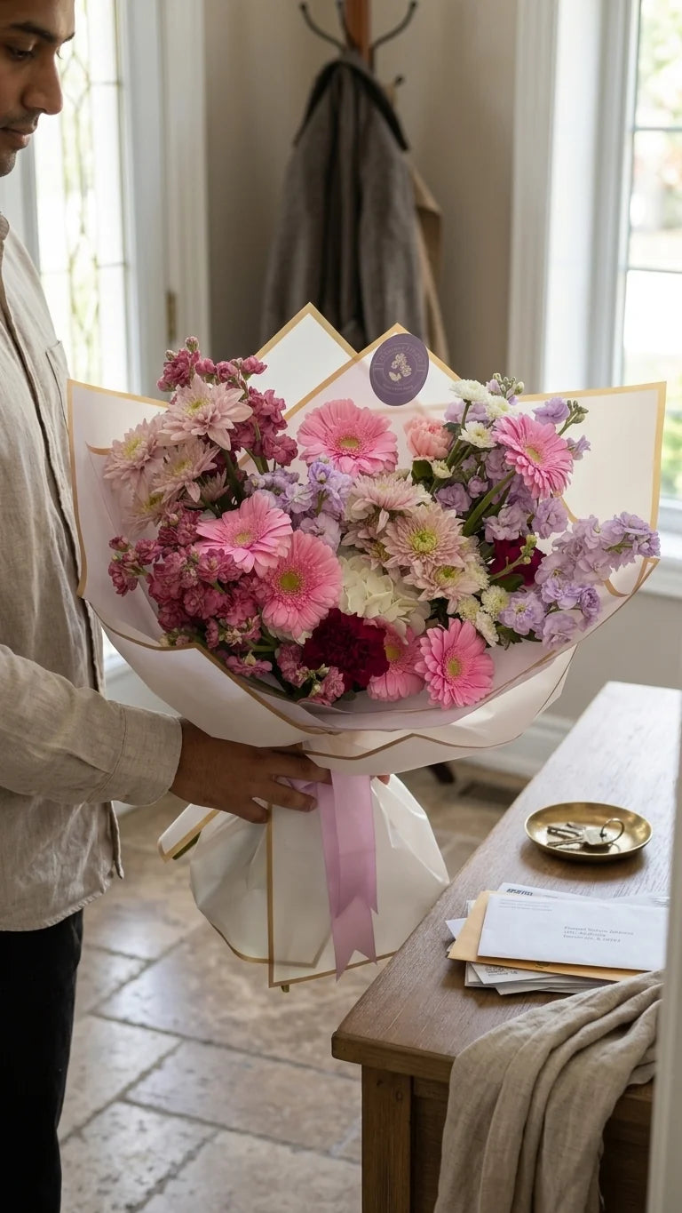 Detail view of lavender blush bouquet with lavender and pink daisy-style blooms, white carnations or lisianthus, burgundy accents, blush filler, and greenery