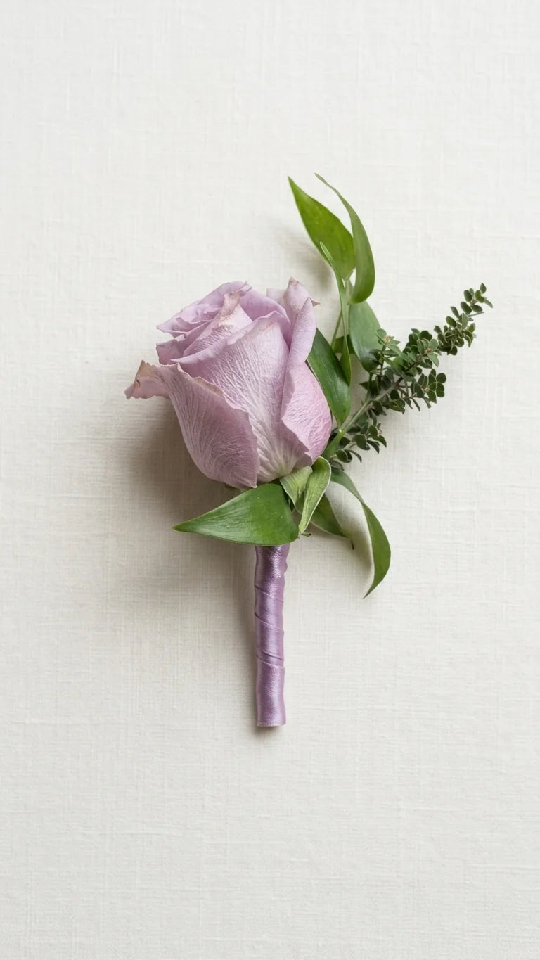 Side view of Lavender Rose Boutonniere arranged for prom in Newmarket and Aurora.